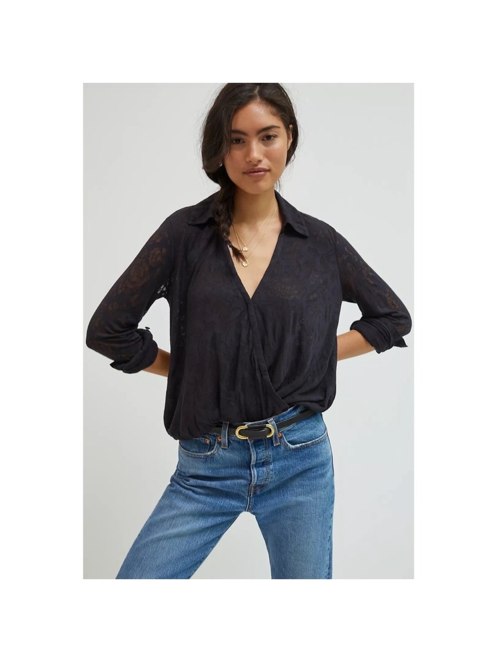 Maeve Anthropologie Black Floral Burnout Wrap Blouse Long Sleeve V-Neck XS
